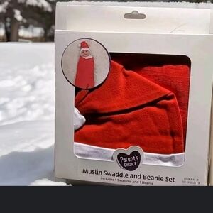 Parent's Choice Red& White Muslin Swaddle and Beanie Set, NIB